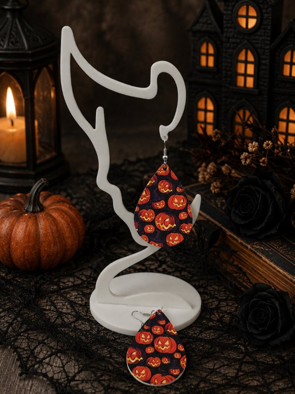 Spooky Pumpkin Halloween Teardrop Earrings
